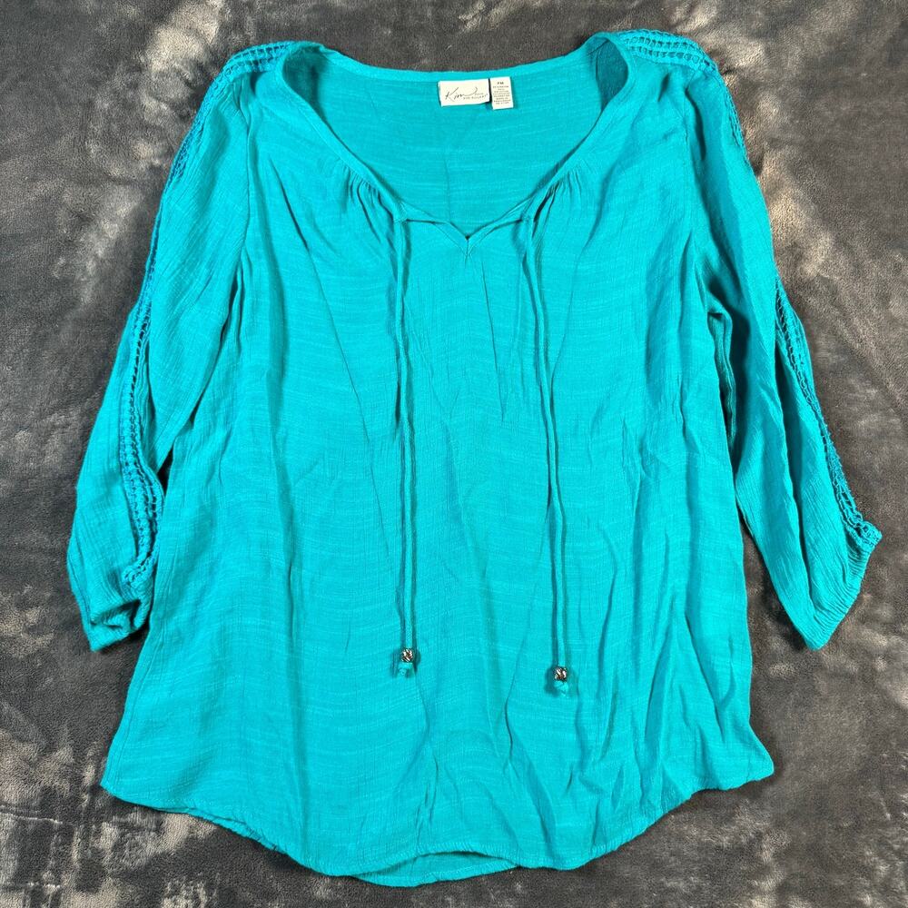 Kim Rogers Petite PM Teal Gauze Peasant Blouse 3/4 Sleeve Boho